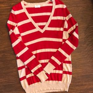 J. Crew Sweater XS Wallace striped V-neck Cashmere Lambswool blend Red Tan EUC